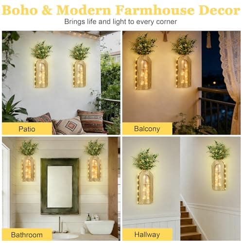 HOMECOR Hanging Wooden Vase Wall Decor - Set of 2, Brown Finish Boho & Modern Farmhouse Decor with Fairy Lights & Artificial Plants, Wall Art for Living Room, Bedroom, Bathroom Home Decor Gift Idea - Thumbnail 4