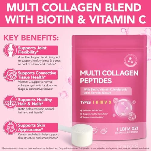 Multi Collagen Peptides Powder with Type I II III V X for Skin Joints Bones Hair and Nails Enhanced with Vitamin C Biotin Hyaluronic Acid Keratin Elastin for Comprehensive Beauty and Wellness Support - Thumbnail 2