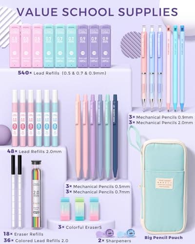 Four Candies 36PCS Aesthetic School Supplies, Mechanical Pencil Set 0.5mm, 0.7mm, 0.9mm & 2.0mm with 624 Lead Refills, Back to School Supplies for Writing & Drawing, Ideal Stationary Set Gift (Blue) - Thumbnail 5
