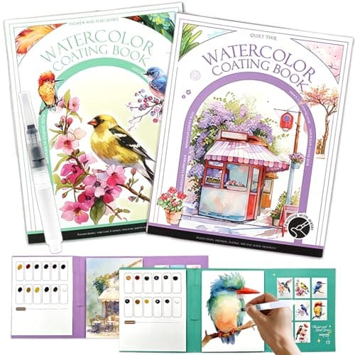 NaTuGi 2Pac Watercolor Workbook for Adults,Watercolor Coloring Book,Portable Watercolor Painting Books,Creative Stress Relief Kit,Suitable for Beginners Birthday Gift(Birds and Time)