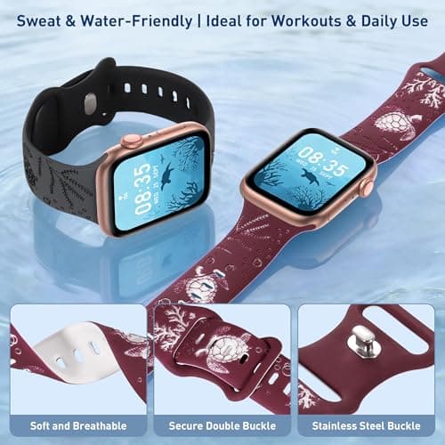 HMFCBFSS Engraved Cute Sea Turtle Band Compatible with Apple Watch Bands for Women Men 38mm 40mm 41mm 42mm, Stylish Two-Tone Floral Soft Silicone Sport Strap Fit iWatch Series 11 10 Se 9 8 7 6 5 4 3 2 1 (Coal ash/Black, 38mm/40mm/41mm/(42mm-Series 11 10) - Thumbnail 2