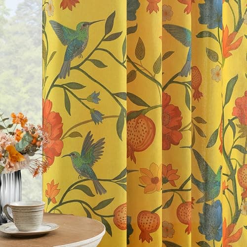 JOOJA Mustard Yellow Floral Linen Curtains, Boho Whimsical Bird Print Curtains for Bedroom Window Colorful Patterned Sheer Curtains for Living Room Kitchen 2 Panels 84 Inches Long - Thumbnail 2