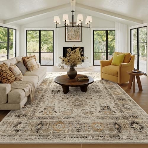 8x10 Area Rug, Short Pile Non-Slip Washable Foldable Floor Mat for Living Room Bedroom Dining Room Kids Room Office, Modern Decorative Carpet in Beige and Yellow - Image 1