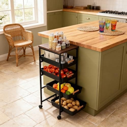 Aukivon Fruit Vegetable Cart for Kitchen, 5-Tier Storage Cart on Wheels with Wood Top, Pull Out Drawers, Rolling Storage Cart for Bedroom, Bathroom, Includes Hanging Box, Hooks and Labels, Black - Thumbnail 2