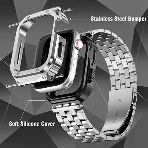 HASLFM Stainless Steel Band with Case Compatible with Apple Watch Series 9 8 7(45mm), Metal Protective Bumper Cover for iWatch Bands Men,Silver - Thumbnail 5