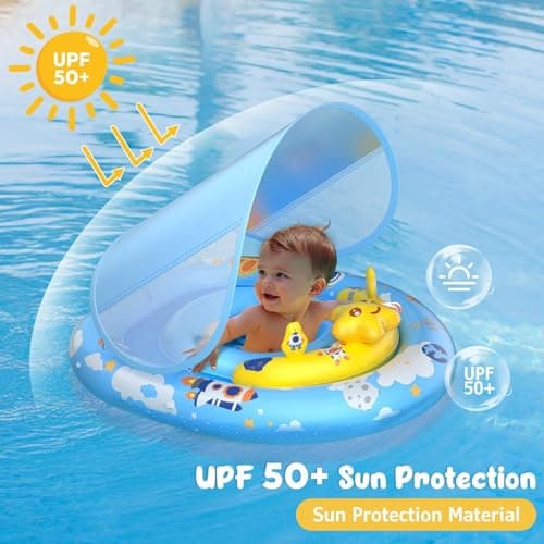 WayEee Baby Pool Float with UPF50+ Canopy - Inflatable Swim Float, Adjustable Safety Seat, Toy Play Console, Sun Protection for Baby 6-36 Months, Infant, Todder Summer Gift, Pool, Bathtub, Beach, Blue - Thumbnail 2