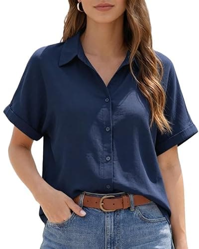 JEKAOYI Womens Button Down Shirts Cotton Casual Summer Short Sleeve Blouses V Neck Tops for Beach Travel Navy - Image 1