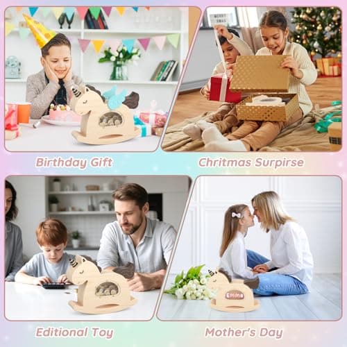 Summidate Unicorn Piggy Bank for Kids Girls,Wooden Rocking Horse Money Banks for Toddlers,Unbreakable Wood Coin Saving Box, Personalized Present Toys for Child Birthday & Decor (Naturl, Standard) - Thumbnail 6