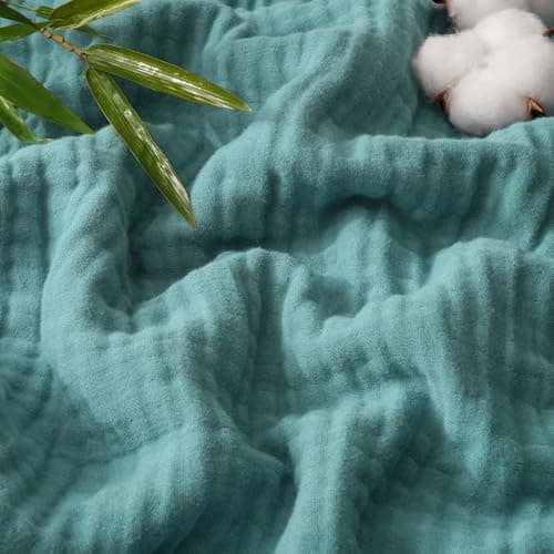 PHF Cooling Muslin Throw Blanket, Lightweight Gauze Blanket for Adults, 60% Rayon Derived from Bamboo & 40% Cotton for Summer, 4-Layer Soft Breathable for Hot Sleepers, 50"x60", Teal Blue - Image 1