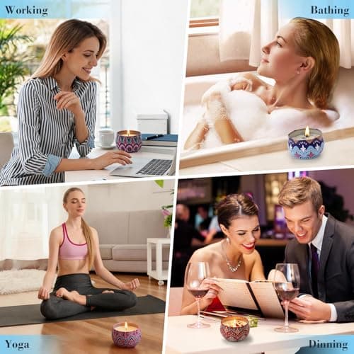 4 Pack Scented Candles for Women Men - 8% Essential Oil Aromatherapy Candle Set, 50H Long Lasting Natural Soy Wax Candles, Travel Tin Gift Box for Stress Relief Spa Yoga Birthday Housewarming Xmas - Thumbnail 6
