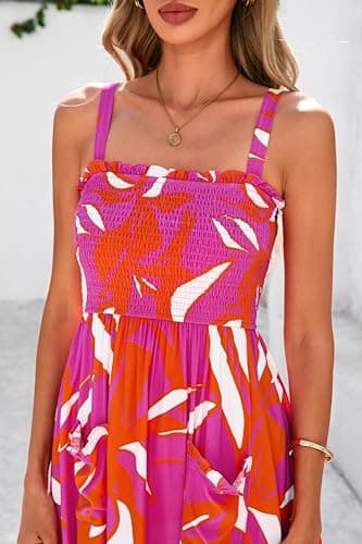 PRETTYGARDEN Womens Summer Dresses 2026 Casual Spaghetti Strap Ruffle Smocked Flowy Floral Spring Maxi Dress with Pocket(Rose Red Orange Floral,Small) - Thumbnail 4