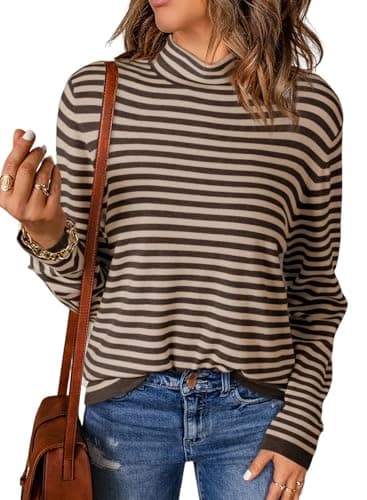 Dokotoo Fashion Womens Sweaters for Women 2026 Long Sleeve Tops Sweaters for Women Khaki Striped Pullover Sweaters Casual Ladies Spring Turtleneck Sweater Jumpers Tops Large - Image 1