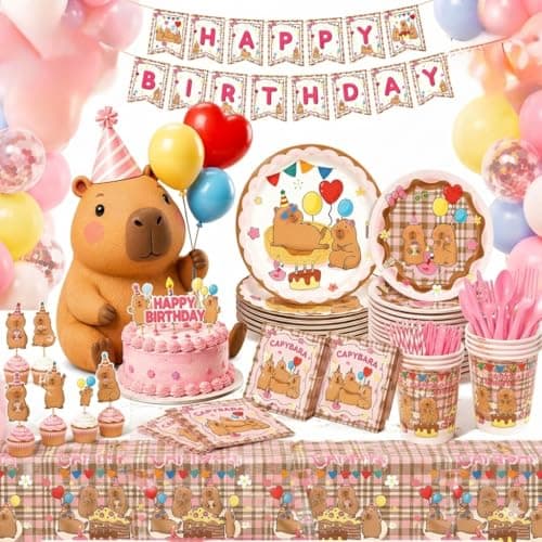 212 Pcs Capybara Birthday Decorations Serve 24 Guest, Capybara Plates, Napkins, Tablecloth, Balloons, Banner, Cake Topper, Cupcake Toppers & More for a Whimsical Animal-Themed Celebration!