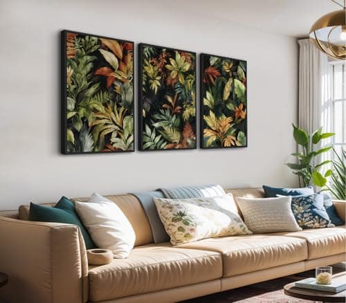 Large Framed Tropical Botanical Wall Art, Jungle Leaf Green Palm Leaf Painting Canvas Prints, Tropical Plant Artwork for Living Room Bedroom Hallway Office Home Decor 24"x36"x3Pcs - Image 1