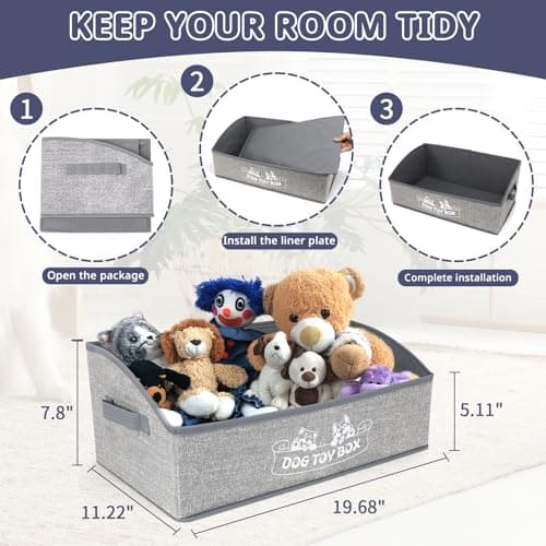 COSOWO Foldable Pet Toy Storage Box with 3 Handles, Portable Organizer Basket for Dog Toys, Blankets & Accessories, White Dogs - Thumbnail 2
