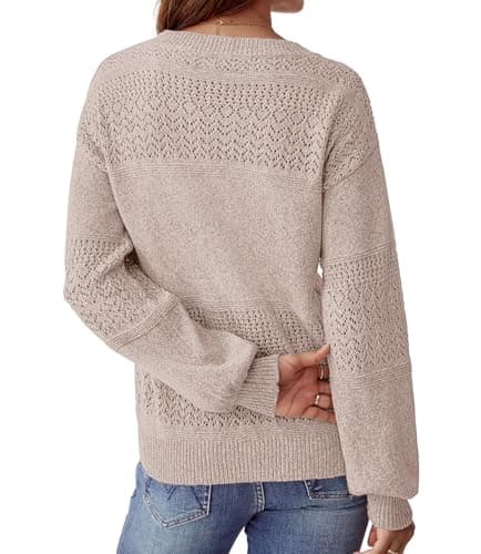 NORACORA Womens V Neck Fall Sweaters 2025 Casual Long Sleeve Ribbed Knit Pullover Lightweight Crochet Pullover Sweater Tops Khaki - Thumbnail 4