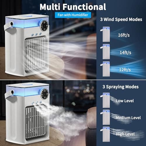 YFFU Portable Air Conditioner with Remote Control,1200ml Evaporative USB Mini Air Cooler Conditioner RGB 8 LEDs, 3 Speed 3 Spray Mode,2-8H Timer Small Portable Ac Unit for Home Bedroom,Pearl White - Thumbnail 3