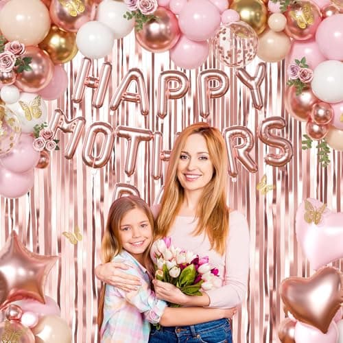 Happy Mother's Day Decorations, Rose Gold Pink Peach White Gold Foil Confetti Balloons Gold Butterfly Fringe Curtains for Mother's Day Party Decorations - Thumbnail 5