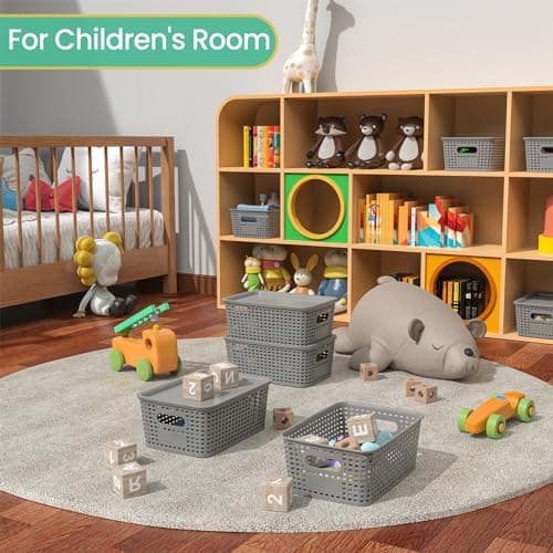 Plastic Storage Baskets with Lid-Plastic Storage Containers Stackable Storage bins: Storage Baskets for Organizing Shelves Drawers Desktop Closet Playroom Classroom Office,8 Pack-Gray10.2x7.2x4.1Inch - Thumbnail 5