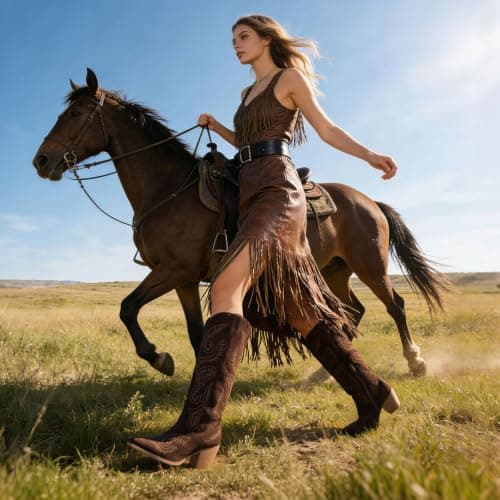 femflame Brown Women's Cowboy Boots Western Boots with Embroidery Suede Knee High Boots for Women Cowgirl Boots Wide Calf Boots for Women with Pointed Toe Chunky Heels Zipper - Thumbnail 3