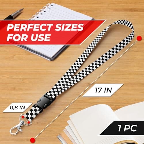 Black and White Checkered Lanyard - 17" x 0.8" Checkered Lanyards for ID Badges with Durable Polyester Strap & Detachable Stainless Steel Clasp - Lightweight Unisex Design Fits Keys, ID Cards & Passes - Thumbnail 2
