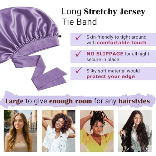 Women's Silky Bonnet - Long Tie Sleep Cap, Curly/Natural Hair, Adj. Night Hat, +10 Scrunchies, Mom/Wife - Thumbnail 3