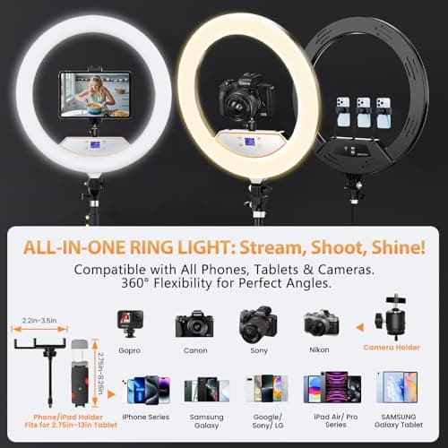 22'' Ring Light with 75'' Tripod Stand, LED Display/2 USB Ports/6500K Dimmable Ring Light for ipad Phone Holder for Tattoo Lash Live Makeup Video Recording TikTok Barber Stylist Photography - Thumbnail 6