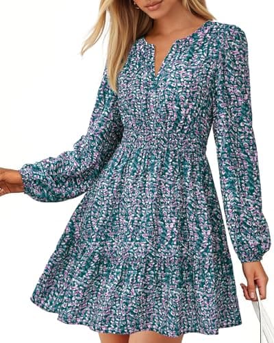 BTFBM Spring Dresses for Women 2026 Mini Long Sleeve Elastic Waist Summer Vacation Outfits Floral Wedding Guest Dress(Floral Purple Green, Medium) - Image 1