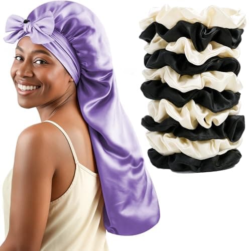 Women's Silky Bonnet - Long Tie Sleep Cap, Curly/Natural Hair, Adj. Night Hat, +10 Scrunchies, Mom/Wife - Image 1