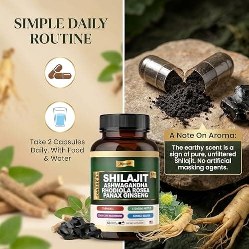 MPRAYAN Shilajit Ashwagandha Capsules – 8 in 1 Adaptogen Complex for Energy, Focus & Stress Support with Rhodiola Rosea, Panax Ginseng, Cordyceps – Natural Herbal Supplement | 60 Vegan Capsules - Thumbnail 3