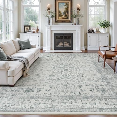 RUGVIGO Grey 9x12 Area Rug for Living Room, Large Vintage Floral Dining Room Rugs Washable, Non-Slip Low-Pile Soft Print Floor Carpet for Bedroom Home Office Nursery - Image 1