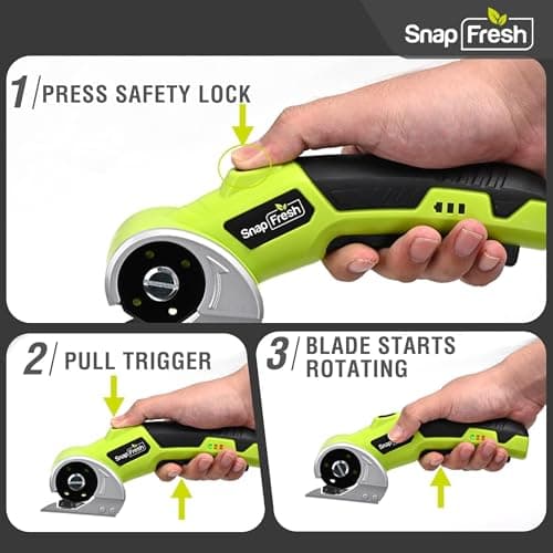 SnapFresh 4V Cordless Electric Scissors-Rechargeable Rotary Box Cutter w/ 2.0Ah Battery, 2 Self-Sharpening Blades, LED Light & Safety Lock,Carpet Cutter Tool for Cardboard, Fabric, Leather, Plastic - Thumbnail 6