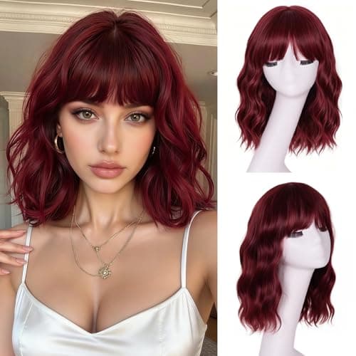 ONICE Burgundy Bob Wig With Bangs 99J Curly Wigs For Wowen Realistic Looking Synthetic Wavy Wig Short Bob Wig For Festival Holiday Use 14 Inches (Wine Red)
