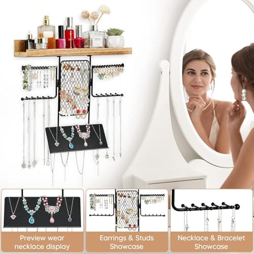 BNING Hanging Jewelry Organizer, Wall Jewelry Organizer with Shelf for Women, Rustic Wooden Necklace Holder Wall Mounted, Earring Holder Organizer Display for Earrings Bracelets Necklaces - Thumbnail 2
