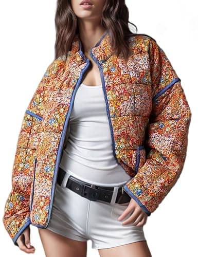 Wyeysyt Women's Cropped Quilted Jacket Floral Print Padded Puffer Jackets Lightweight Open Front Cardigan Coat Outwear (Orange-M) - Image 1