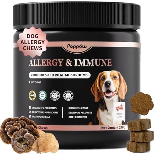POPPAW Turkey Tail Mushroom for Dogs,Dog Allergy Chews, Probiotics for Dog Allergy Relief - Itchy Skin- Allergy Paw Relief - Seasonal Allergies & Immune Gut Health & Joint, Bacon Flavor - 90 Count