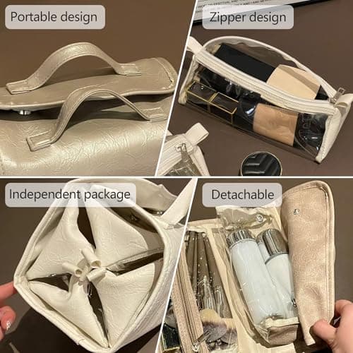 YAKUNCL 4-IN-1 Detachable Cosmetic Bag, Foldable Waterproof PU Leather Makeup Bag, Portable Travel Toiletry Organizer Bag for Women Daily & Travel Use (Premium Gray) - Thumbnail 5