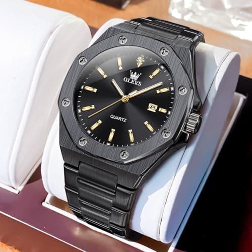 OLEVS Black Watches for Men Luxury Stainless Steel 42MM Big Face Mens Black Watch Dress Casual Waterproof Fashion Watches for Man Quartz Sleek Look for Outdoor Travel Relojes para Hombres - Thumbnail 2