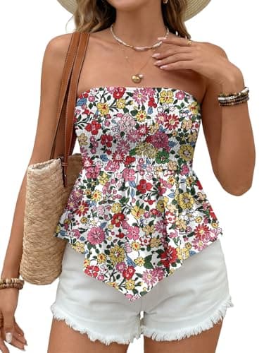 LILLUSORY Women Tube Boho Bandeau Tops 2026 Peplum Summer Strapless Beach Vacation Cute Babydoll Off The Shoulder Sleeveless Clothes Outfits Asymmetrical Tanks Trendy Spring Multicolor Floral M - Image 1