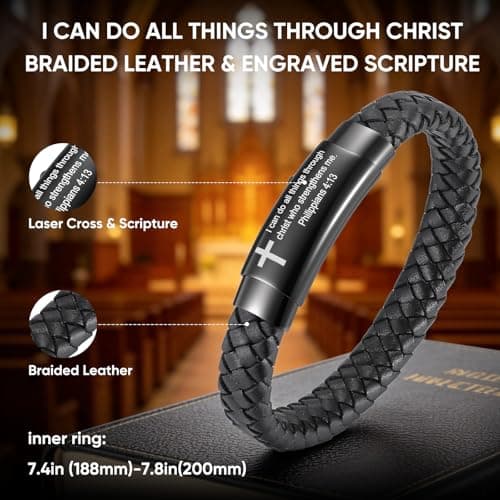 Christian Cross Black Braided Leather Bracelet for Men, Inspirational Mantra Engarved Handmade Braided Bangle Adjustable Cuff Bracelet Motivational Wristband Faith Religious Jewelry Gift for Men, Philippians 4:13 - Thumbnail 4