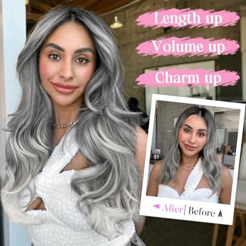 Invisible Wire Hair Extensions with Transparent Wire Adjustable Size 4 Secure Clips Long Wavy Secret Hairpiece 20 Inch for Women(OMber Grey) - Thumbnail 4