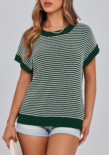 PRETTYGARDEN Womens Short Sleeve Sweater Spring Summer 2026 Round Neck Striped Pullover Cap Sleeve Knit Sweater Vest Tops(Dark Green,Small) - Thumbnail 5