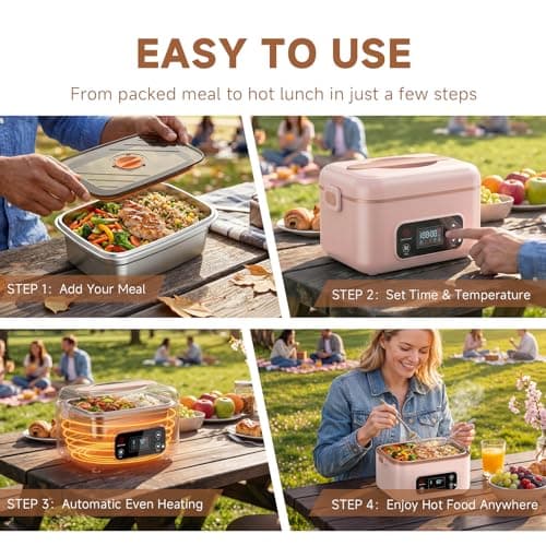 LIFEGETTER Cordless Electric Lunch Box, 24000mAh Rechargeable Food Warmer with 5-Sided Heating, 1.3L Portable Self Heating Lunch Box with Smart Timer & Lock Screen for Work, Car, Truck, Camping - Thumbnail 4