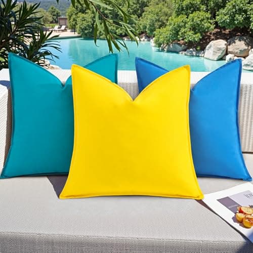 decorUhome Outdoor Waterproof Faux Linen Throw Pillow Covers 18x18 Inch Set of 2 Decorative Vibrant Farmhouse Pillow Cases with Flange Edges for Summer Couch Garden Patio Balcony Porch, Yellow - Thumbnail 5