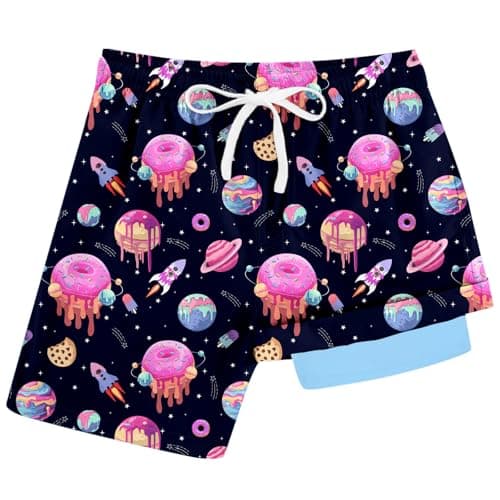 Cozople Boys Swim Trunk Space Donut Rocket Swim Short with Boxer Brief Liner Swimsuit Compression Swimwear UPF Stretchy Bathing Suit for Outdoor Size 10-12 - Image 1