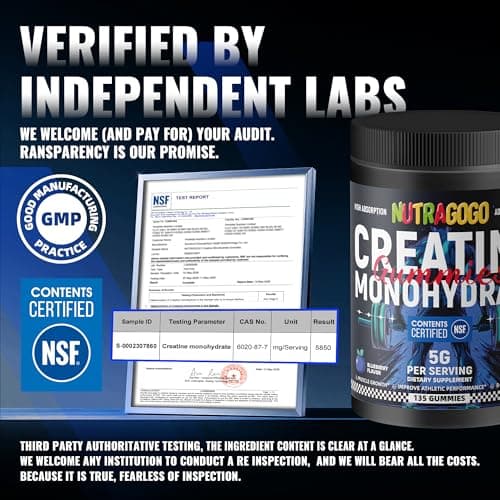 NUTRAGOGO NSF Certified Creatine Gummy - Creatine Monohydrate Gummies for Men & Women-5g of Creatine Monohydrate per Serving - Sugar Free,Vegan, Blueberry Electrolyte Chews, 135 Count - Thumbnail 2