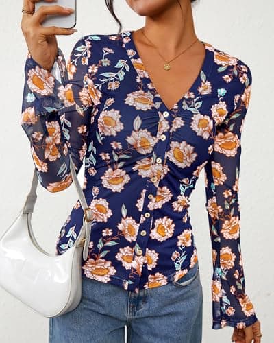 BTFBM Button Down Shirts for Women 2026 Spring Boho Tops V Neck Long Sleeve Blouses Ruched Mesh Fitted Fashion Clothing(Blue, X-Large) - Thumbnail 6