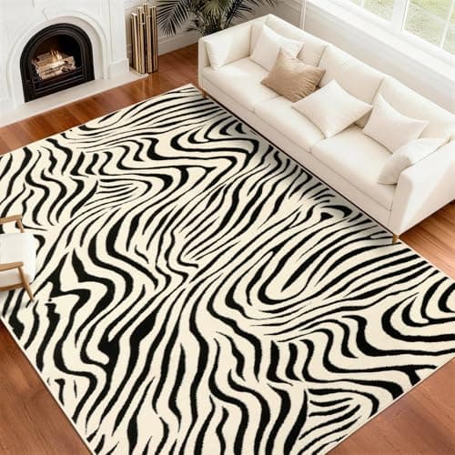 YIHOUSE 8×10 Ft Area Rugs for Living Room: Modern Washable Rug - Abstract Black and Cream White Rug for Bedroom Dining Room Office Playroom Nursery Home Decor - Nonslip Non-Shedding Striped Rugs - Image 1
