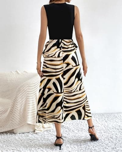 BTFBM Women Casual Sleeveless Summer Dresses 2026 Spring Crewneck Patchwork Boho Floral Ruffle Cocktail Party Midi Dress(Striped, XX-Large) - Thumbnail 5