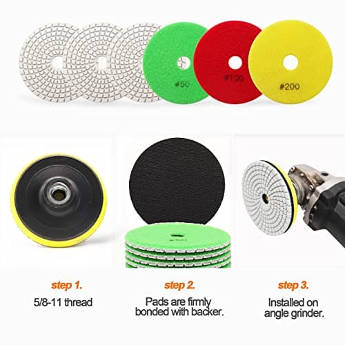 BRSCHNITT Wet Diamond Polishing Pad ,6pcs 4 inch (2 x #50,#100,#200),for Granite Stone Marble Sanding used on Grinder or Polisher, with Hook & Loop 5/8-11 Plastic Backing Holder Pads - Thumbnail 6